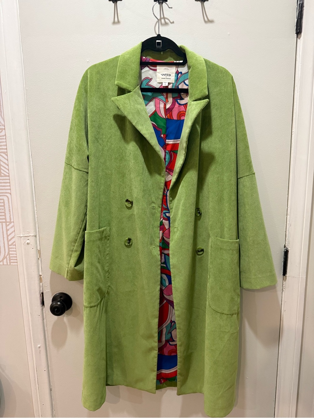 NYDJ Lime Green Long Trench Coat with Bold Printed Lining